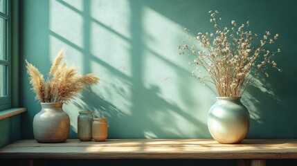 Aufkleber - Minimalist Scandinavian Interior with Light Wooden Table and Green Wall featuring Potted Plants and Dried Flowers