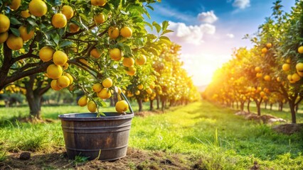Wall Mural - cinematic shot of a lemon tree being harvested in a sunny farm field on a summer day, lemon tree, ha