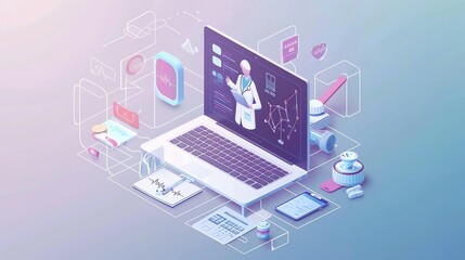 A digital illustration depicting the use of technology in healthcare, showing a doctor on a laptop screen surrounded by other medical devices and icons.