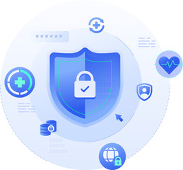 Cybersecurity in Healthcare and Medical protect patient data information cyber attacks clipart.