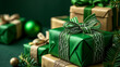 © Констянтин Батыльчук - A pile of green and gold wrapped presents on a green background