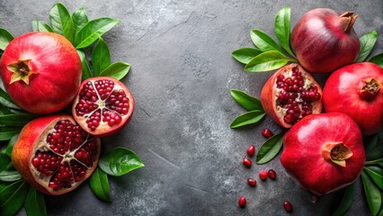 Wall Mural - Fresh juicy pomegranate fruits with leaves on gray background, pomegranate, fruit, juicy, organic, bio, healthy, antioxidant