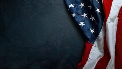 Close-Up of a Wrinkled American Flag with Stars and Stripes Draped Over a Textured Dark Background, Ideal for Patriotic Themes, USA Holidays Like Presidents’ Day, Independence Day, Veterans Day