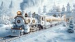 © Maulani - Festive white steam train arriving at a snow-covered fairytale castle station.