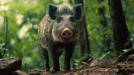 Wild boar standing in the forest, closeup shot