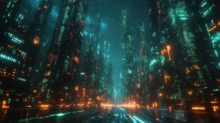 Poster - Futuristic Cyber Landscape Abstract Digital Art Background with Glowing Circuits and Data Streams