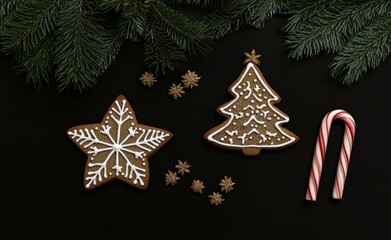 Wall Mural - christmas cookies with gingerbread shapes on black background