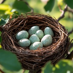 Bird's Nest with Speckled Eggs in Tree  
