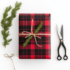 Wall Mural - flat lay of christmas gift with scissors and pine leaves
