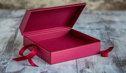 Wall Mural - red open gift box with ribbon on wooden surface
