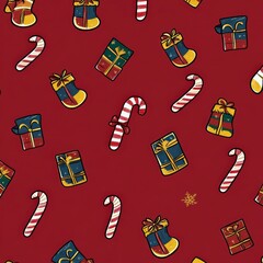 Wall Mural - red seamless christmas icons pattern with candy and gifts
