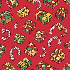 Wall Mural - christmas gifts and candy icons on vibrant red background