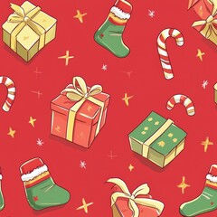 Wall Mural - red gift boxes and candy canes pattern on seamless design