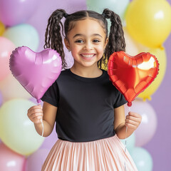 Wall Mural - Cute afro american toddler girl in black tee and tutu skirt holding heart shaped balloons. Kids blank short sleeve t-shirt mockup to place Valentine's Day designs. Children's crewneck shirt template