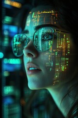 Futuristic Trading Room Digital Art Featuring Female Trader with Glasses and Stock Market Data Overlay