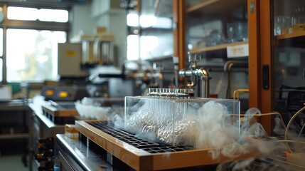 Wall Mural - Scientists testing geothermal energy potential in a lab, with models and equipment analyzing heat from rocks