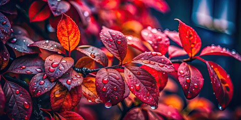 Wall Mural - Urban exploration reveals autumn's decay: red leaves, water droplets on a bush, grunge textures dominate.