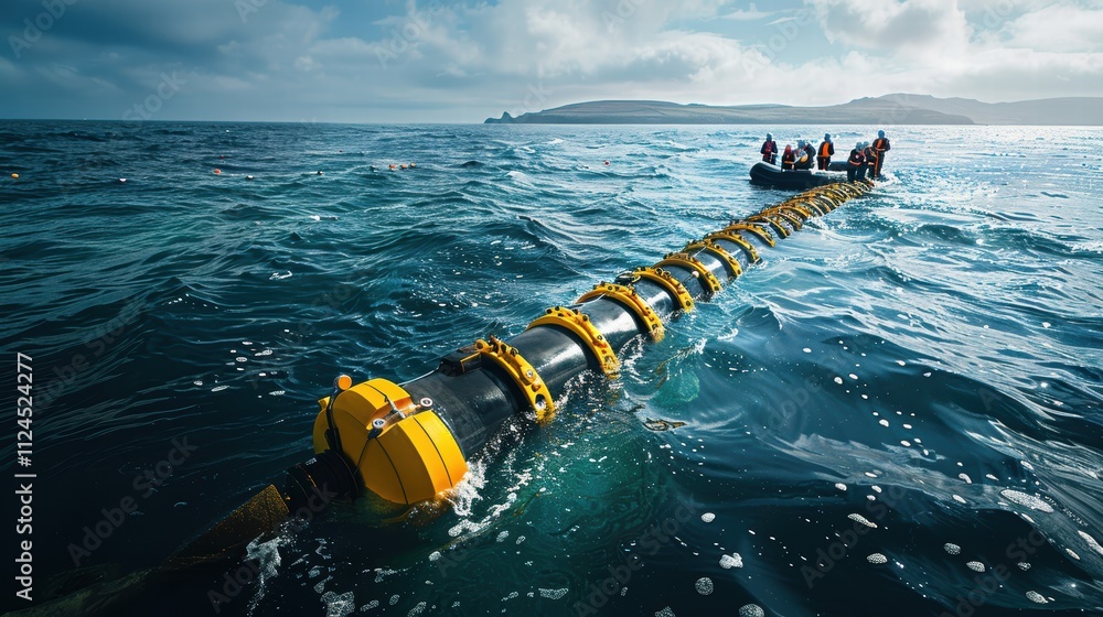Tidal energy turbines submerged underwater along a coastline, with ...