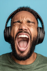 Expressive male enjoying music while wearing headphones in a vibrant blue setting