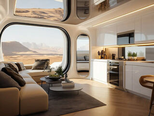 Life module for astronauts living on Mars. Minimal Scandinavian style living room and kitchen