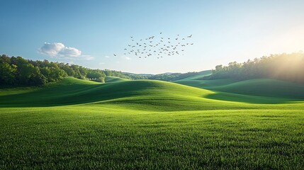 Wall Mural - Peaceful Expansive Green Meadow under Cloudless Blue Sky with Flock of Flying Birds Symbolizing Freedom