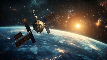 Wall Mural - A space station orbiting a glowing planet with a dark starry background, large empty space for text or artwork