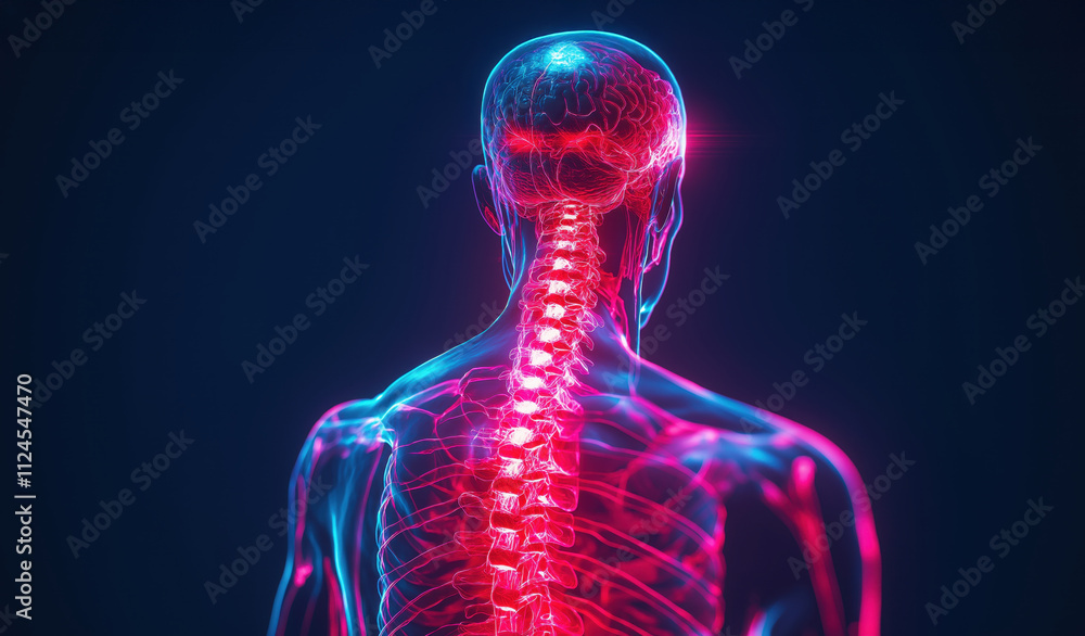 X-ray human body showing the bone system and spine with glowing light ...