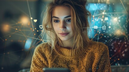 Young woman using smartphone, digital interface overlay.