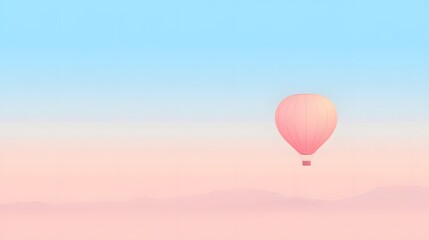  A pastel-colored hot air balloon drifting across a clear blue sky, soft gradient background with plenty of empty space