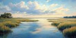 © btiger - watercolor painting of a tranquil marsh landscape with calm water lush grass and fluffy clouds reflecting the beauty of nature