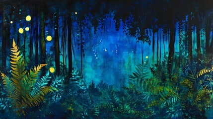 Wall Mural - a magical glowing forest with bioluminescent plants, deep greens and blues with open space in the sk