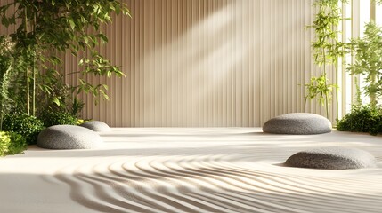 Wall Mural - A peaceful Zen garden with raked sand and a few small stones, soft muted tones of beige and green with plenty of empty space