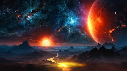 Wall Mural - A dramatic and vivid space scene with detailed cracked surface planets and other celestial bodies
