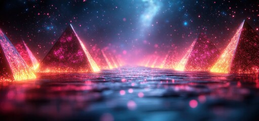 Poster - Futuristic Neon Geometric Landscape with Depth of Field in Cyberpunk Style