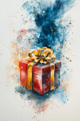 Watercolor painting of a vibrant red gift box with a golden bow.