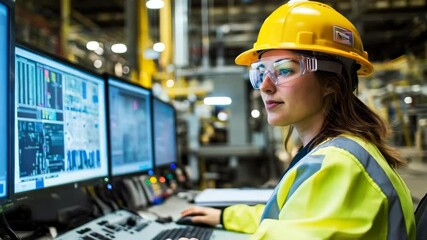 A female engineer working at monitoring desk in a factory