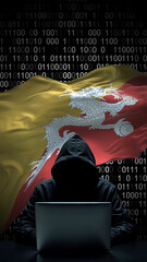 bhutan flag - 3d realistic waving flag on matrix digital background with binary code