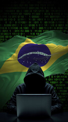 brazil flag - 3d realistic waving flag on matrix digital background with binary code