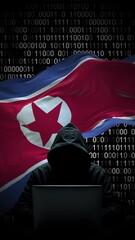 Korea North flag - 3D realistic waving flag on matrix digital background with binary code