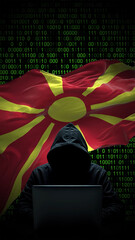 macedonia flag - 3d realistic waving flag on matrix digital background with binary code