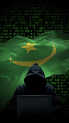 mauritania flag - 3d realistic waving flag on matrix digital background with binary code