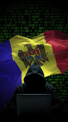 moldova flag - 3d realistic waving flag on matrix digital background with binary code