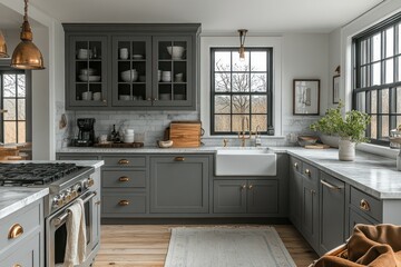 Modern farmhouse kitchen with gray cabinets, marble countertops, and a farmhouse sink.