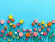 © Chalermrach - Vibrant paper art tulip field on blue backdrop, springtime flowers, nature concept, generative AI, blue background, wallpaper