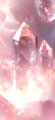 Aufkleber - Sparkling crystals of transparent quartz flooded with sunlight in a magical atmosphere of delicate pink and white shades