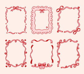 Set of frames with coquette pretty charming bows and ribbons. Hand drawn trendy borders. Vintage elements for greeting cards, wedding, invitations, social media