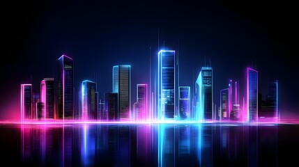 Wall Mural - a futuristic city skyline with glowing neon lights against a dark sky, vibrant blue, purple, and pin