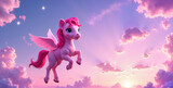 A whimsical pink pony with wings joyfully flying through a pastel sky at sunrise