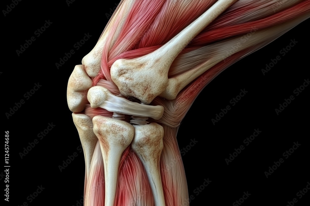 Anatomical depiction of a human knee joint with muscles and bones ...