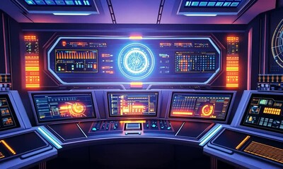 Futuristic spaceship bridge control room with numerous glowing monitors and consoles.
